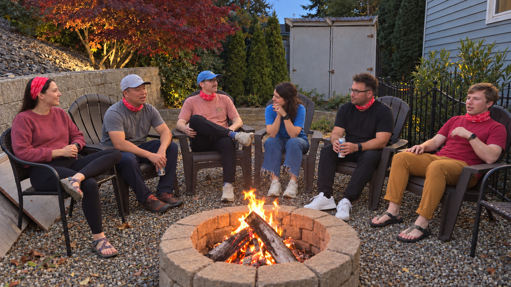 A tribe at Tribal Council around a fire pit